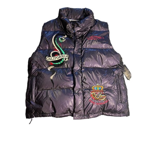 Ed Hardy Mens XXL purple Puffer Vest Snake & Skull Embroidery Down hood Y2K - Picture 1 of 15